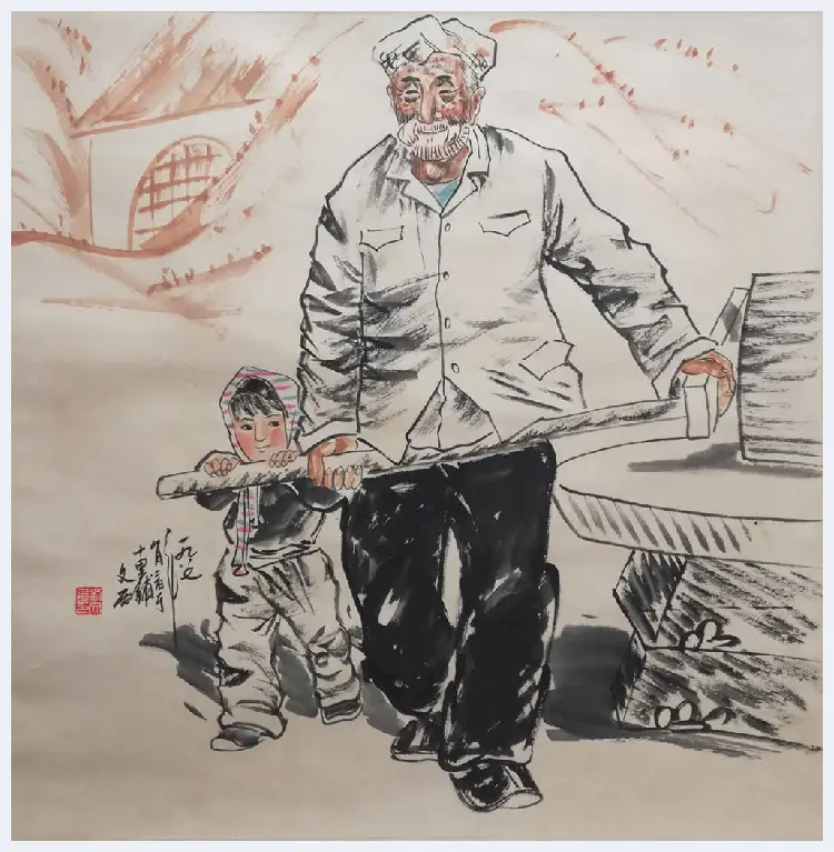 刘文西人物画《爷孙俩》，典型有代表性的黄土画派作品 | 国画图片