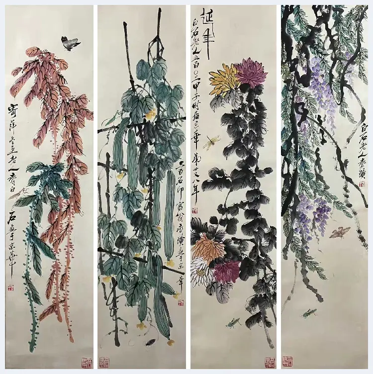 齐白石《花卉草虫》四屏，至罕佳构！ | 国画作品