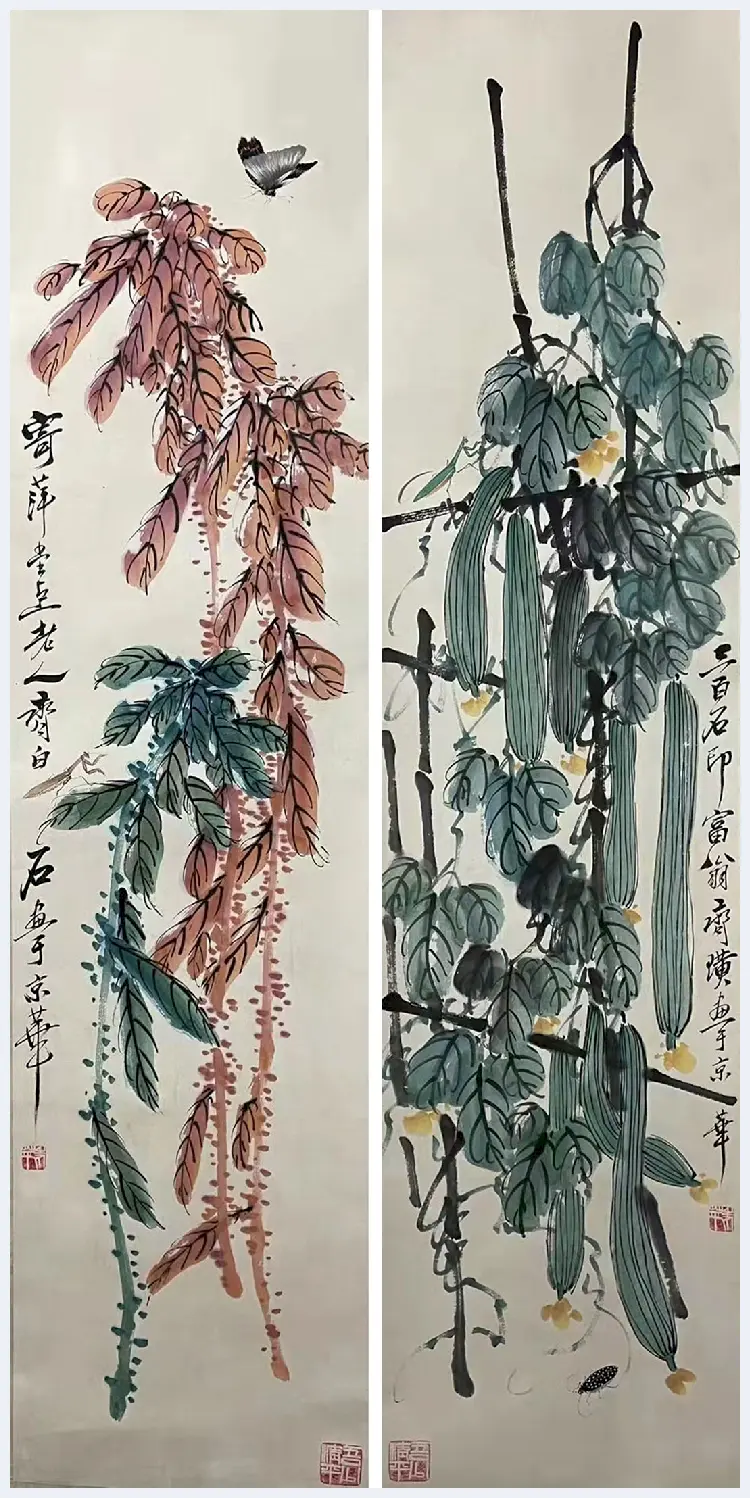 齐白石《花卉草虫》四屏，至罕佳构！ | 国画作品