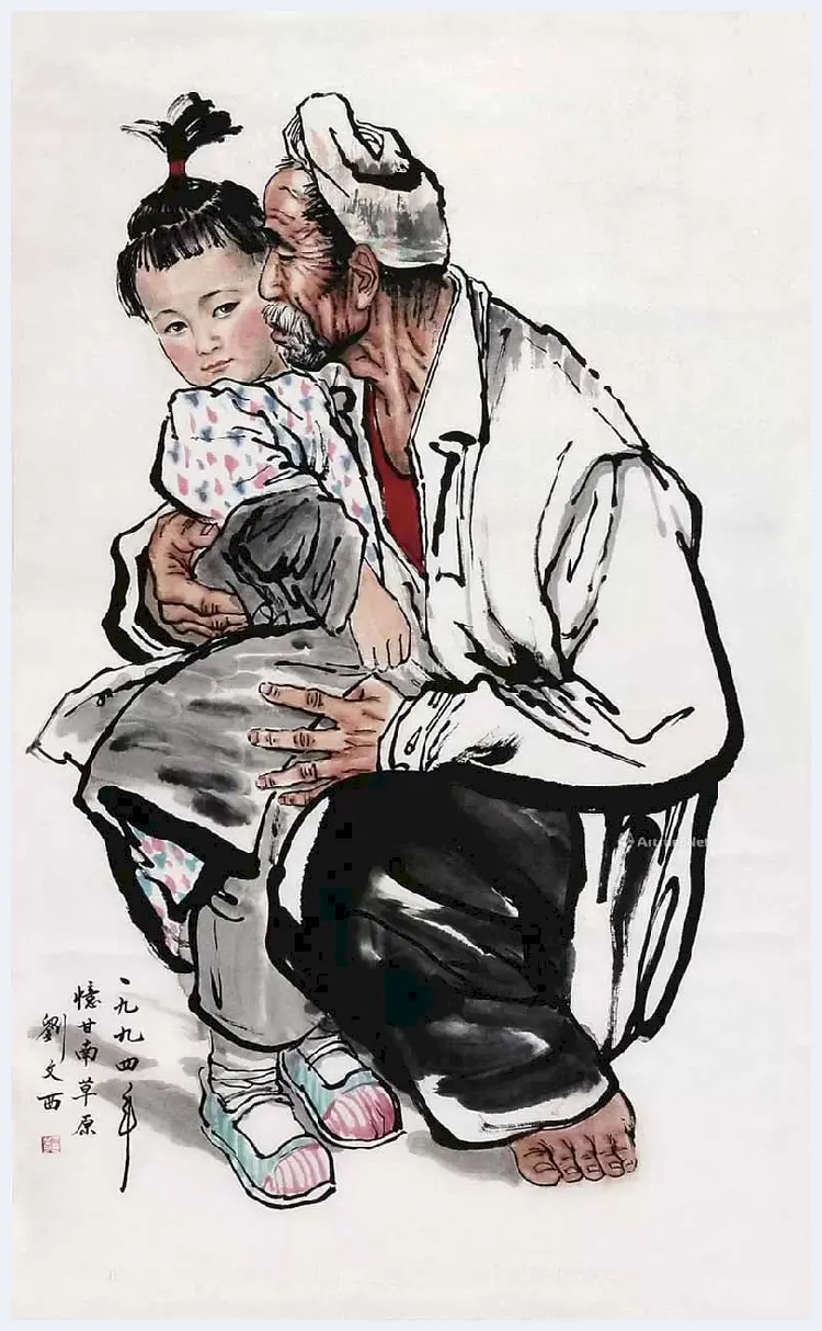 刘文西人物画《爷孙俩》，典型有代表性的黄土画派作品 | 国画图片